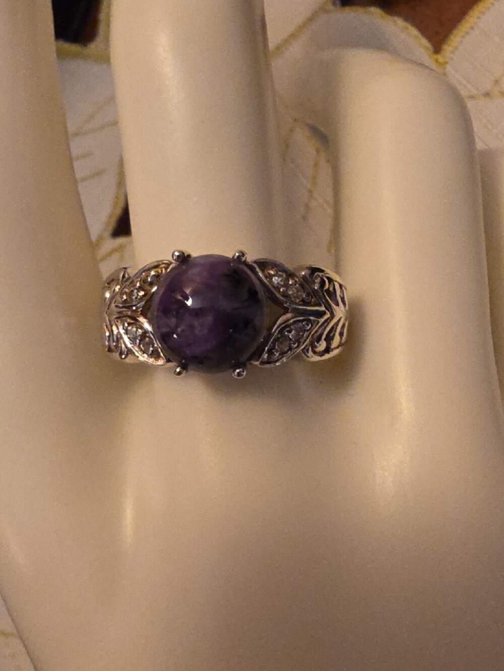 JTV Charoite White Zircon Rhodium Over Silver Ring Size 10
